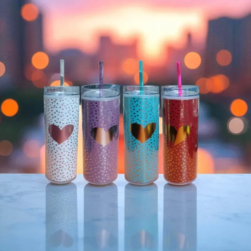 473Ml Heart-Embellished Double-Wall Acrylic Tumbler – Slim Profile, Lid & Straw Set 1