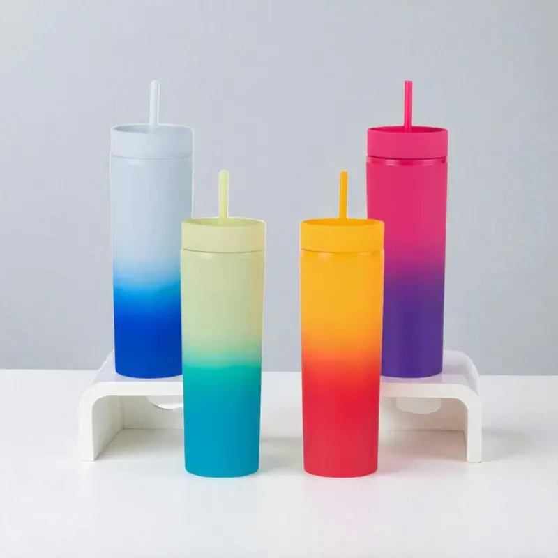 473Ml Pastel Two-Tone Acrylic Skinny Tumbler – Soft Gradient Aesthetic, Lid & Straw Included 1