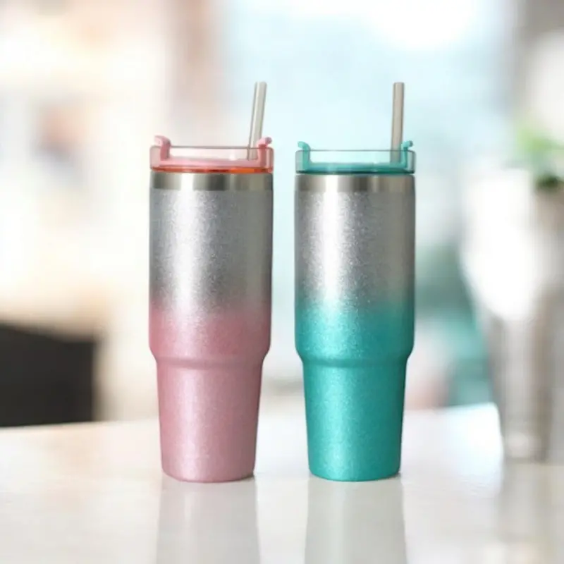 900Ml Textured Two-Tone Glitter Thermos Flask With Built-In Straw 1