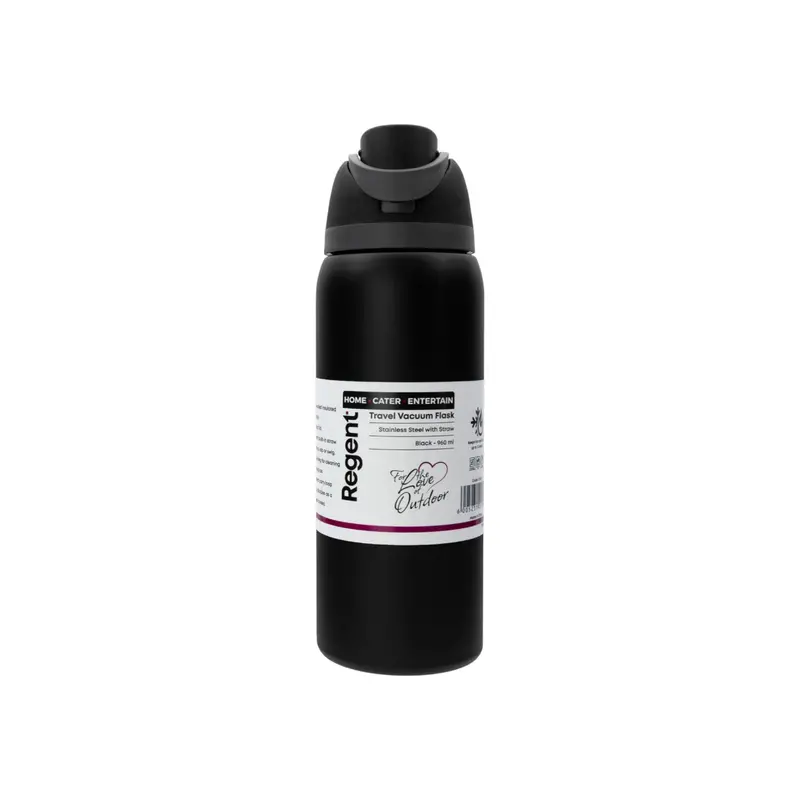 960Ml Black Stainless Steel Travel Vacuum Flask With Sip Straw – Regent Series 1