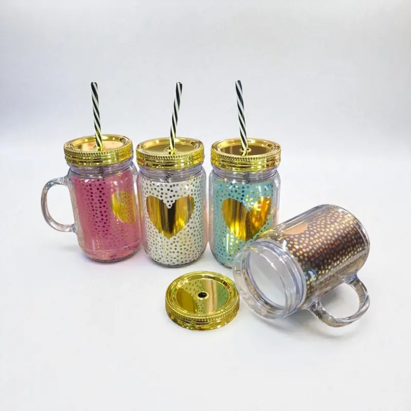 Acrylic Mason-Style Tumbler Mug – Gold Heart Design, Includes Straw, 16.5×9Cm 1