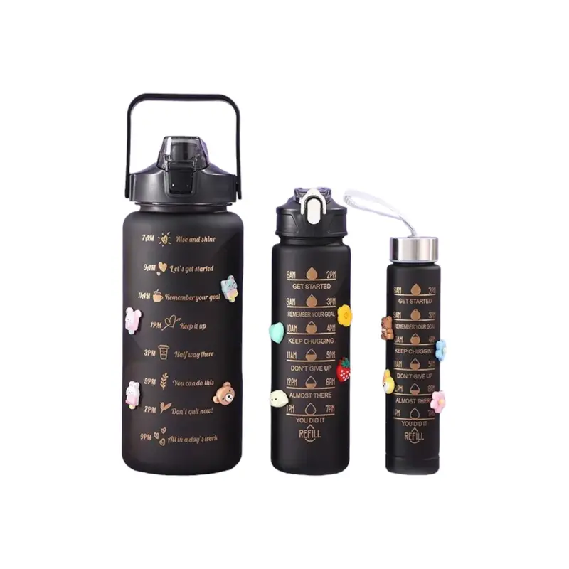 Black Motivational Sports Water Bottle Set – 3-Pack Functional Fitness Hydration Kit 1