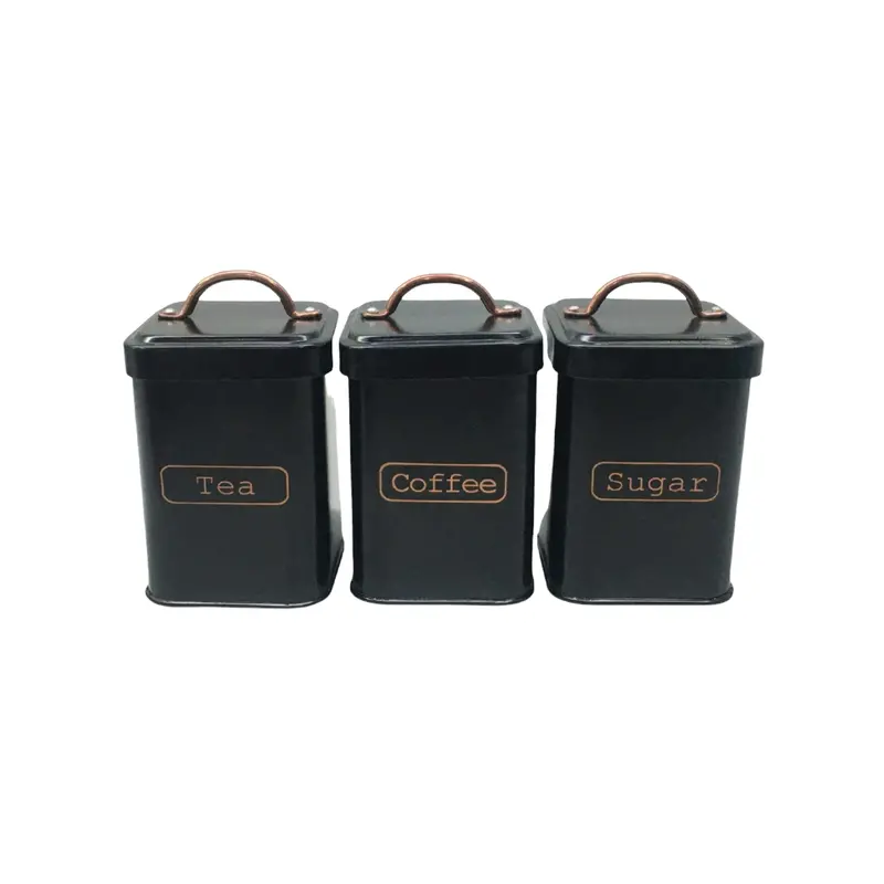 Black Tea, Coffee & Sugar Storage Tin – Bronze Handle, 11 × 11 × 16.5 Cm 1