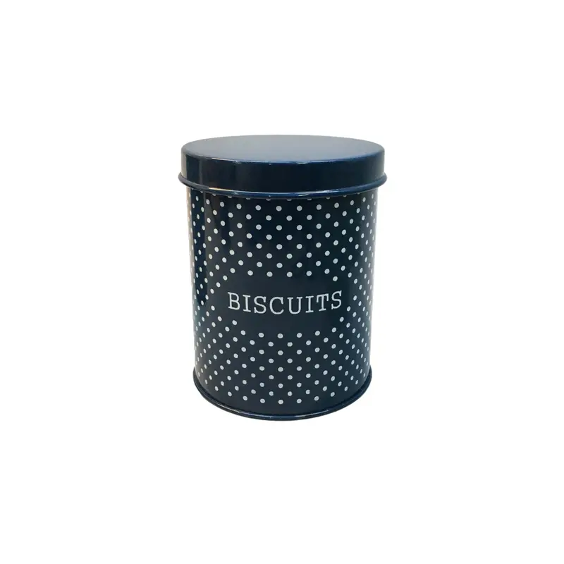 Blue & White Polka Dot Biscuit Tin – Compact 10×15 Cm Canister 1