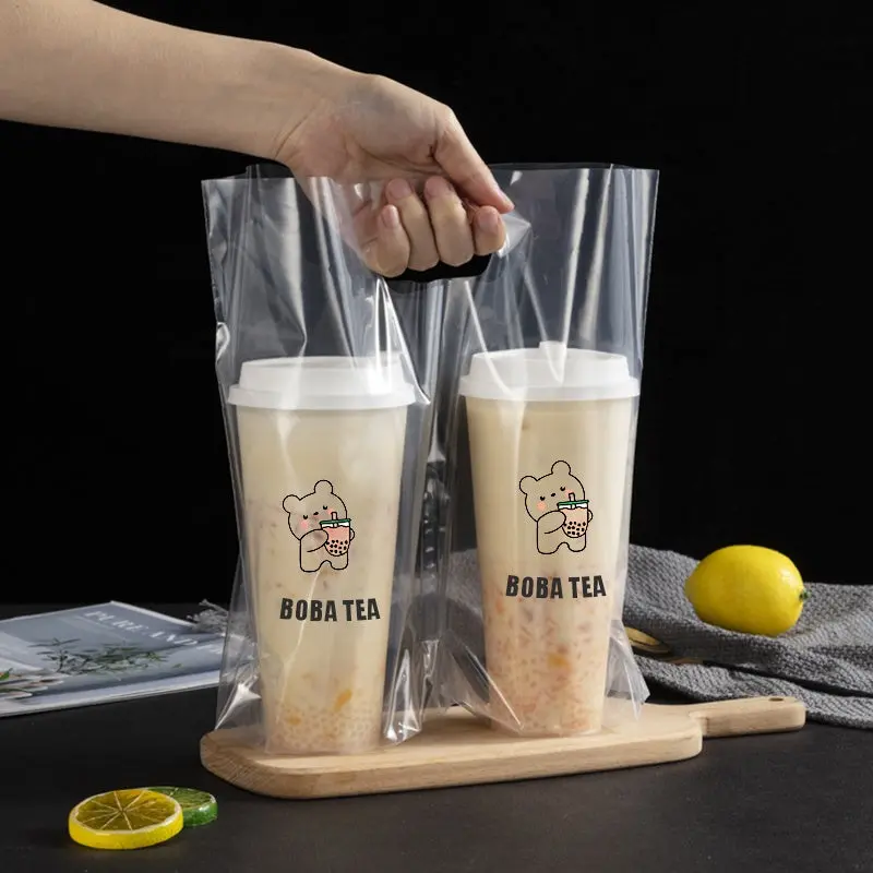 Clear Plastic Coffee Cup Carrier Bags – Bubble Tea & Beverage Holders, 12Μm Thickness, 50 Count 2