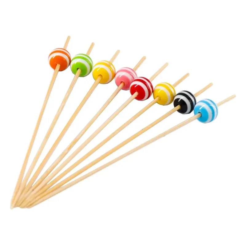 Disposable Bamboo Food Picks – 120 Mm Length With Colorful Striped Beads, 24-Pack 1