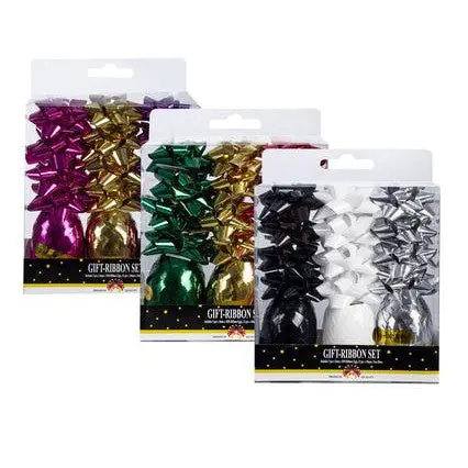 Metallic Craft Ribbon & Bow Kit – 3 Rolls (10M Each) + 12 Bows (5Cm) 1