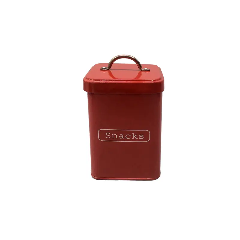 Red Snack Storage Tin – Square 11×11×16.5 Cm With Decorative Bronze Handle 1