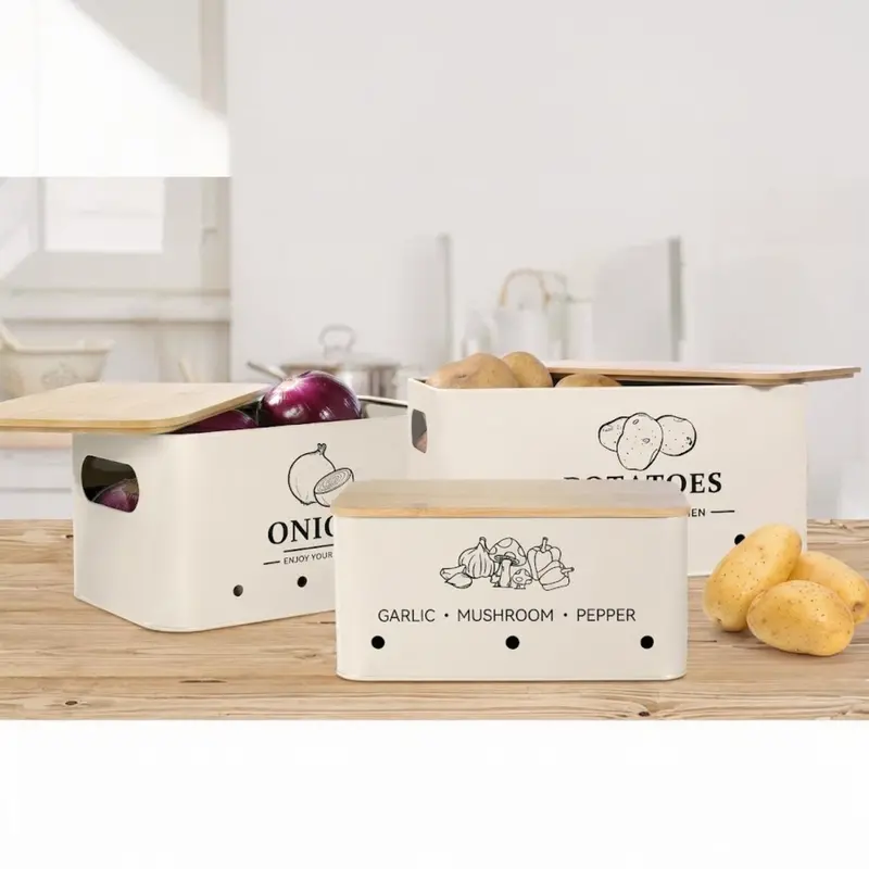 Stainless Steel Kitchen Storage Bin With Natural Wood Lid For Bread, Potatoes & Onions 1