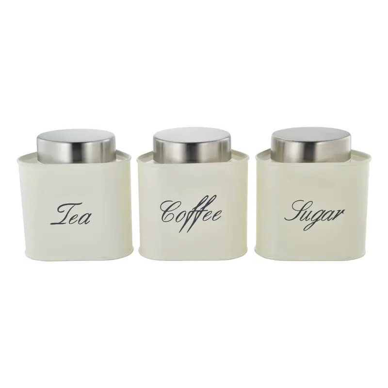 Triangular Stainless Steel Tea, Coffee & Sugar Storage Canister Set – Cream Finish, 3-Piece 1