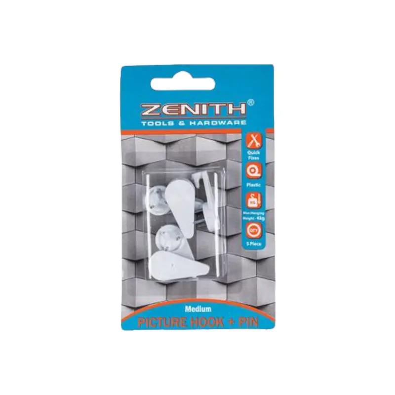 Zenith Medium White Picture Hanging Hooks – 4 Kg Weight Limit, 5-Pack 1